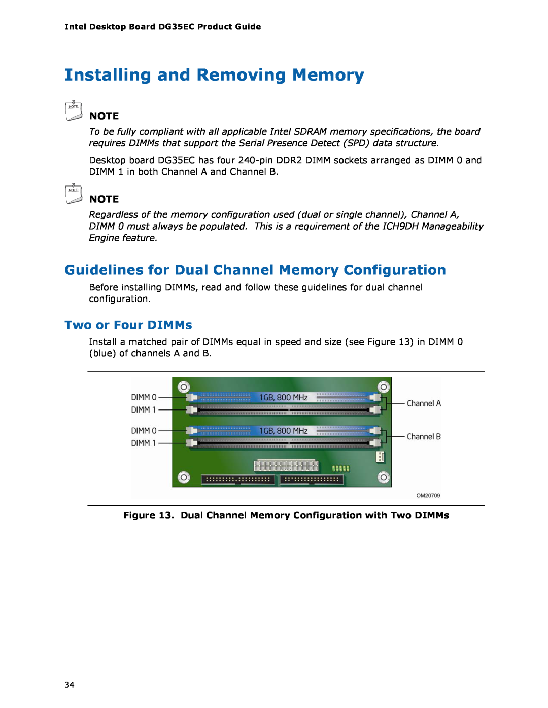 Intel Intel Desktop Board, DG35EC manual Installing and Removing Memory, Guidelines for Dual Channel Memory Configuration 