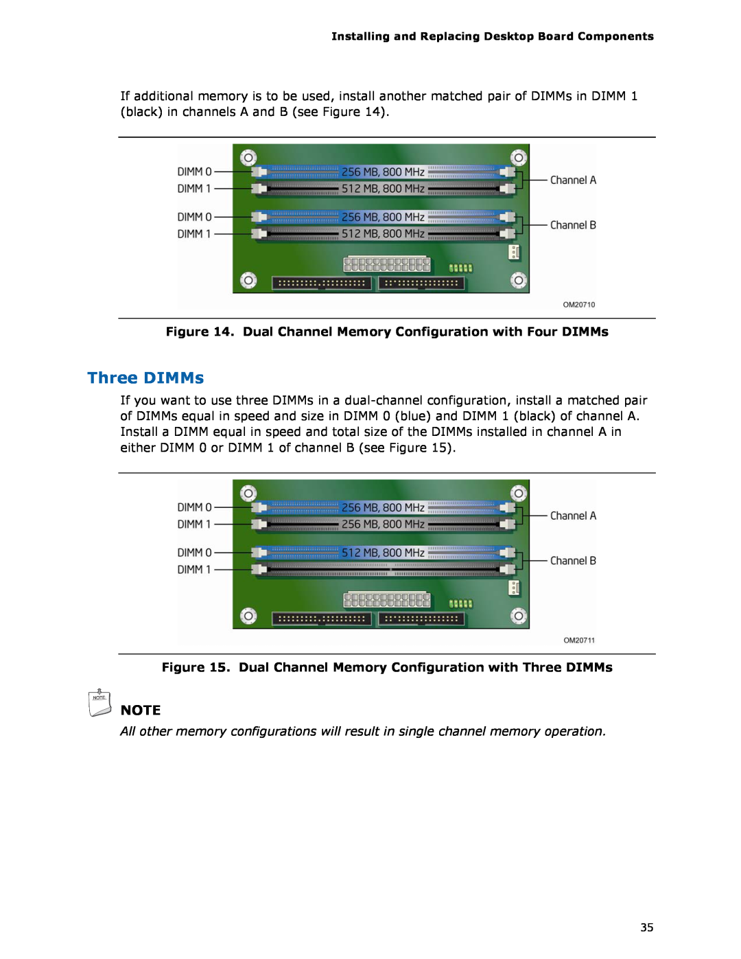 Intel DG35EC, Intel Desktop Board manual Three DIMMs, Dual Channel Memory Configuration with Four DIMMs 