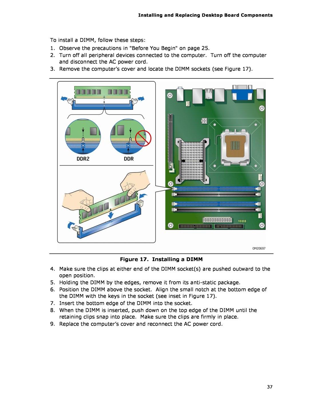 Intel DG35EC, Intel Desktop Board manual Installing a DIMM 