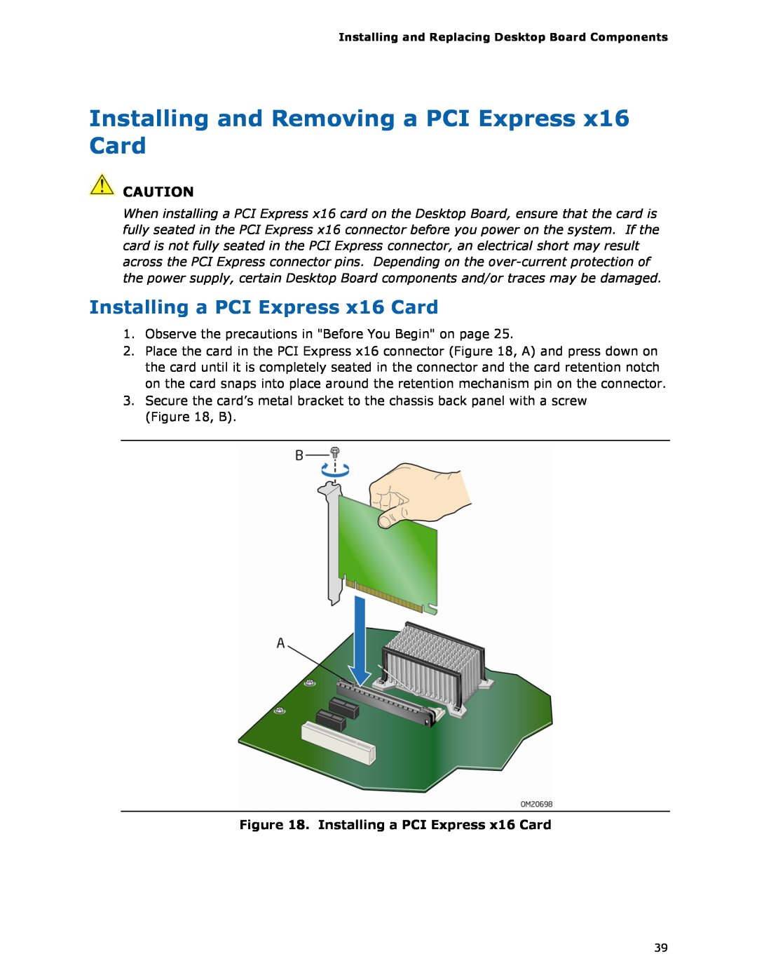 Intel DG35EC, Intel Desktop Board manual Installing and Removing a PCI Express x16 Card, Installing a PCI Express x16 Card 