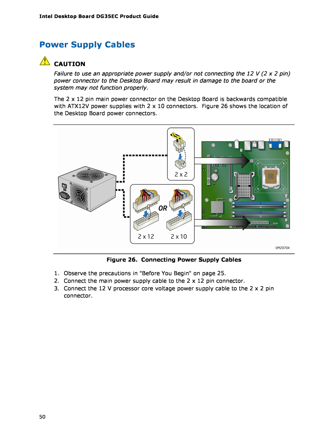 Intel Intel Desktop Board, DG35EC manual Connecting Power Supply Cables 