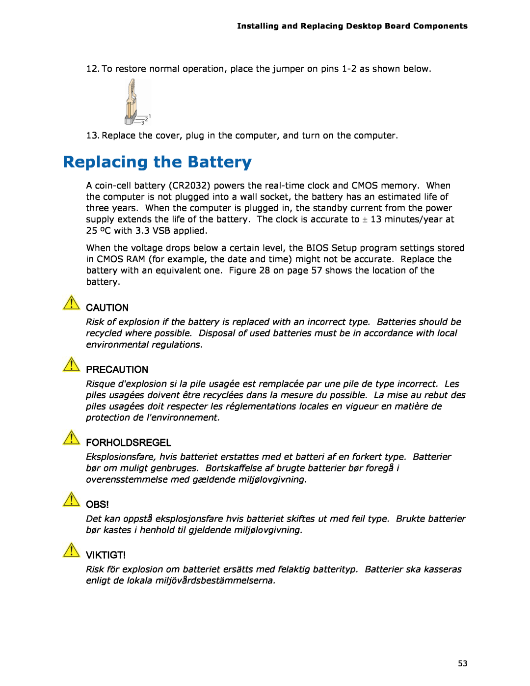 Intel DG35EC, Intel Desktop Board manual Replacing the Battery, Precaution, Forholdsregel, Viktigt 