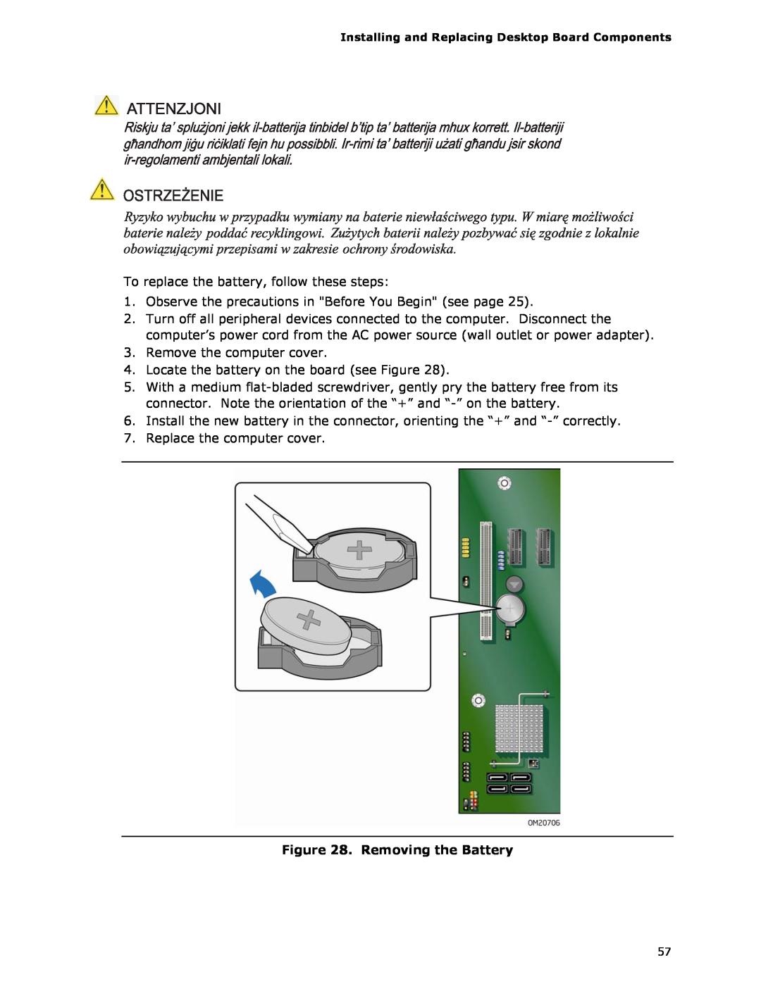 Intel DG35EC, Intel Desktop Board manual Removing the Battery 
