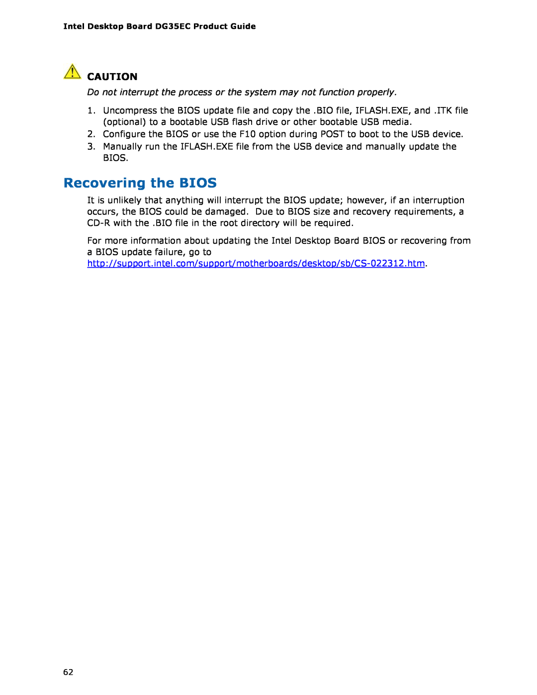 Intel Intel Desktop Board, DG35EC manual Recovering the BIOS 