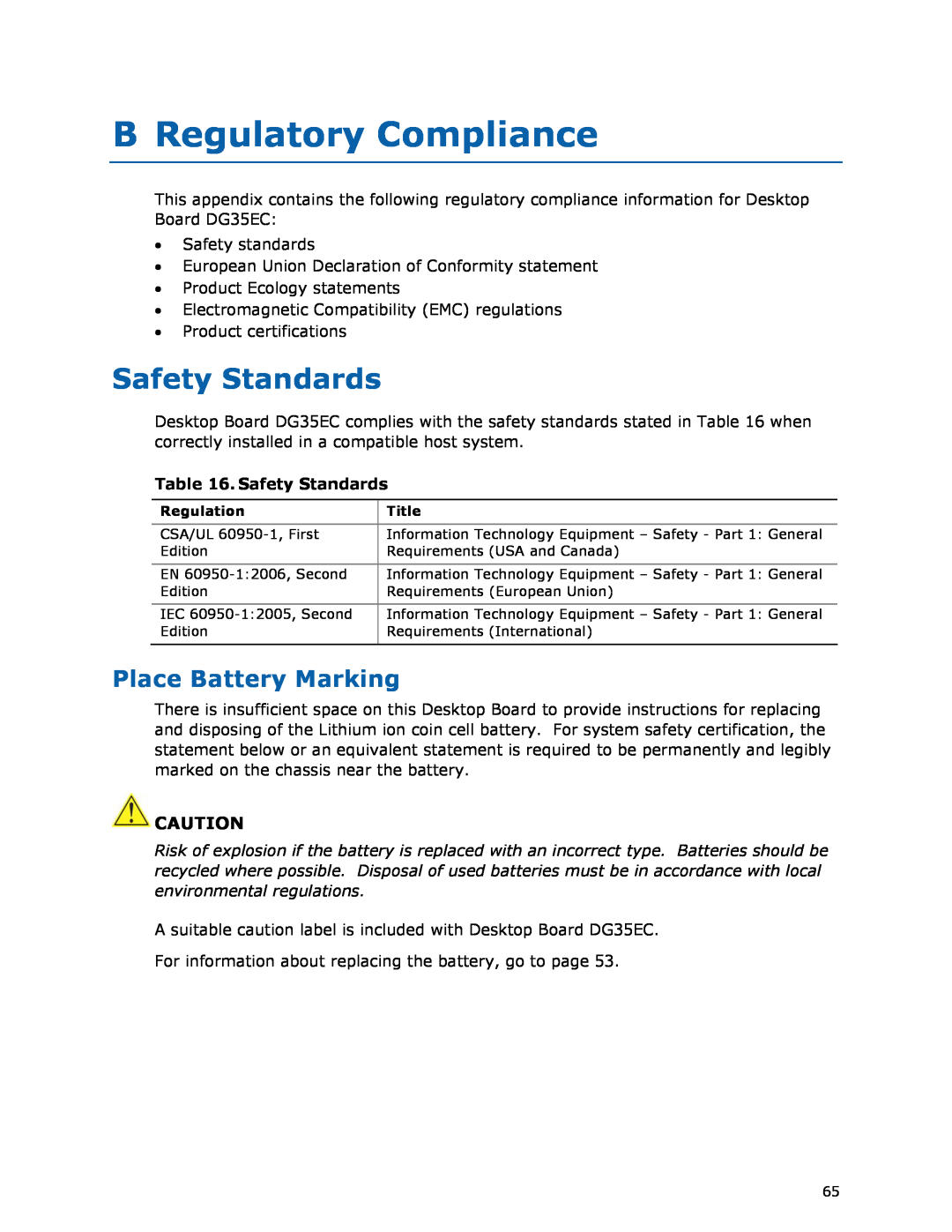Intel DG35EC, Intel Desktop Board manual B Regulatory Compliance, Safety Standards, Place Battery Marking 