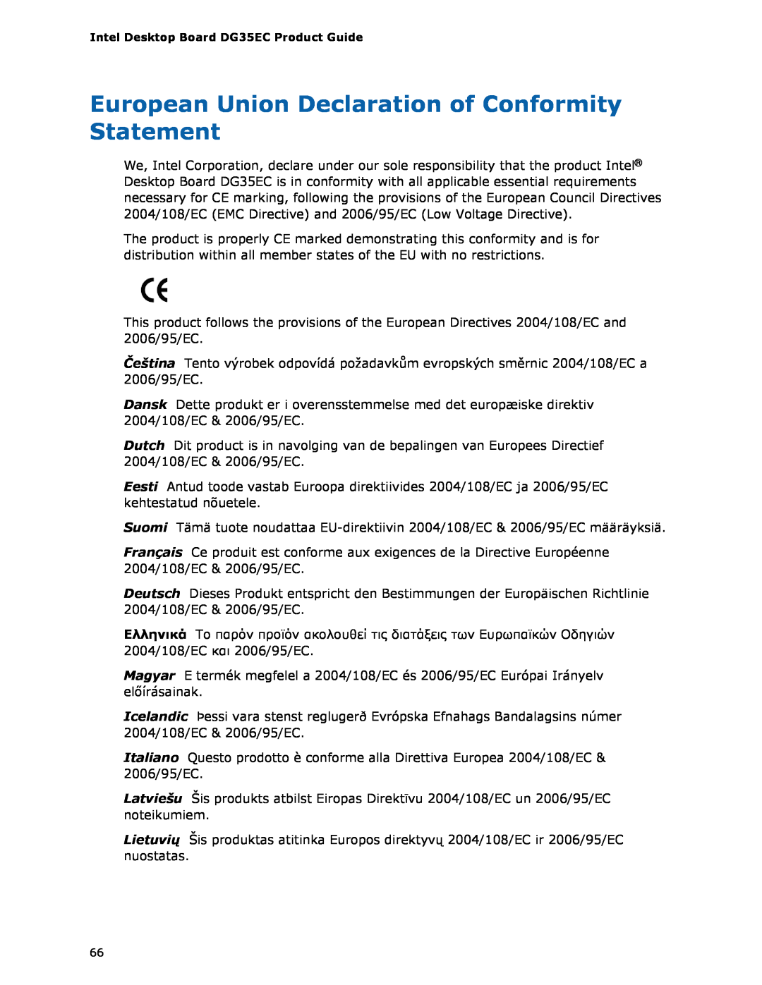 Intel Intel Desktop Board, DG35EC manual European Union Declaration of Conformity Statement 
