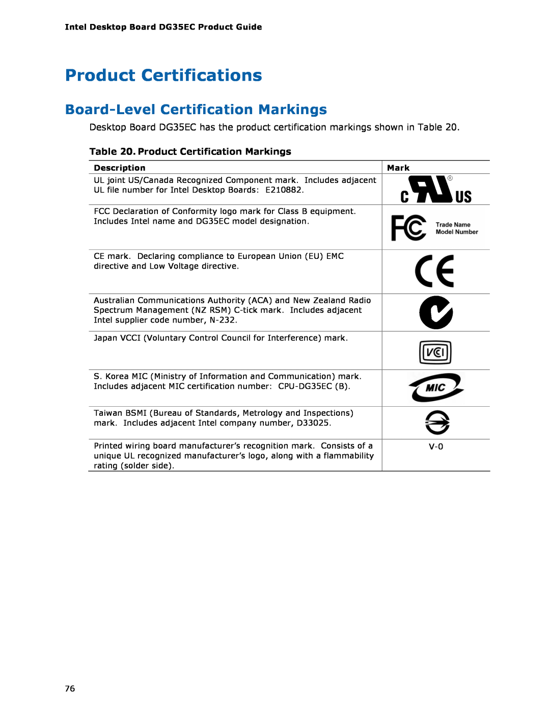 Intel Intel Desktop Board manual Product Certifications, Board-Level Certification Markings, Product Certification Markings 