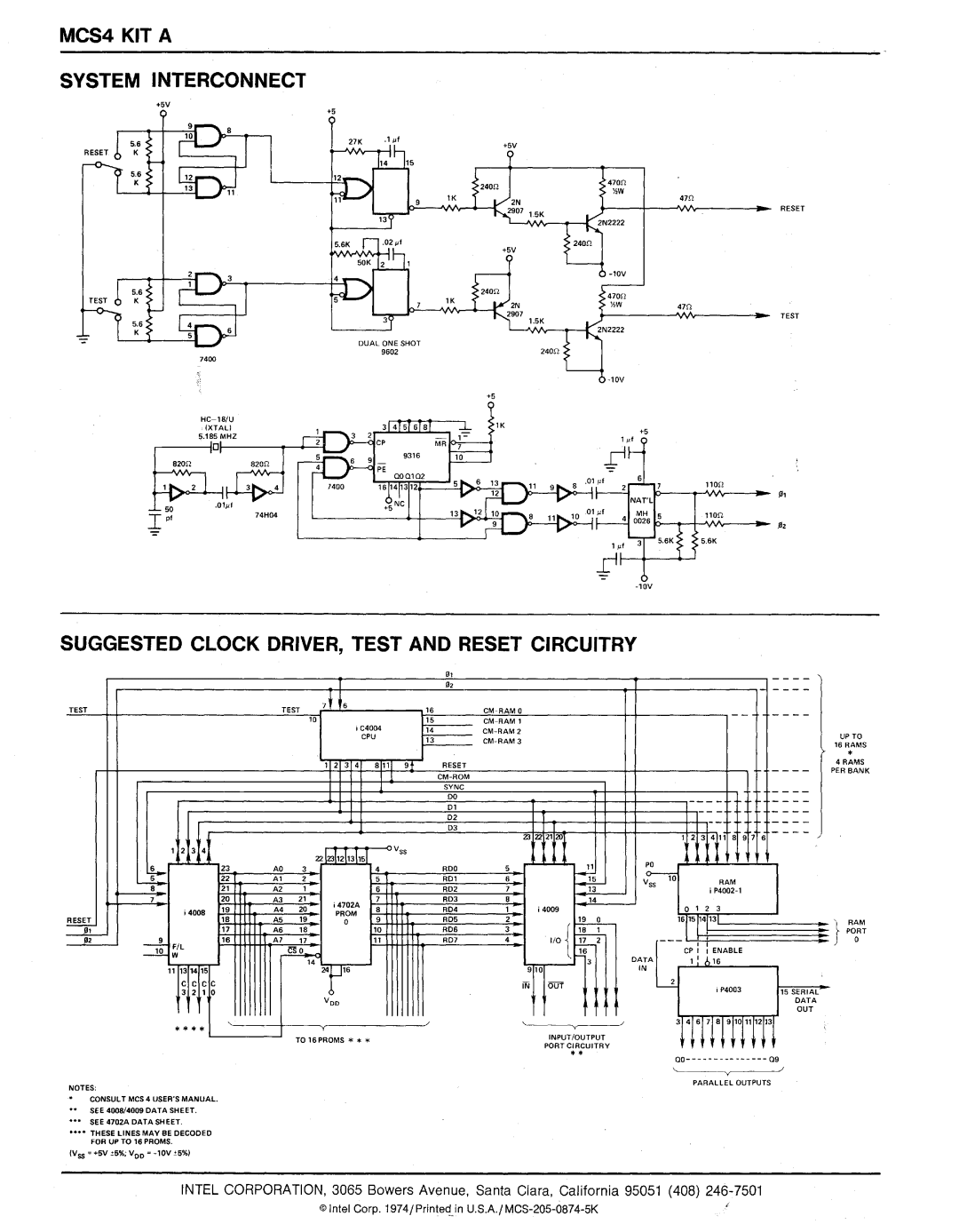 Intel intel microcomputer kit Ipi~, MCS4 KIT a System Interconnect, Suggested Clock DRIVER, Test and Reset Circuitry, Jl2 