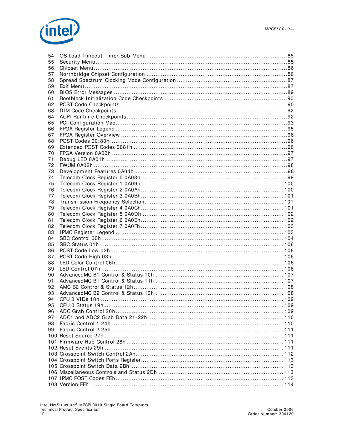 Intel MPCBL0010 manual 100, 101, 102, 103, 104, 106, 107, 108, 109, 110, 111, 112, 113, 105, 114 