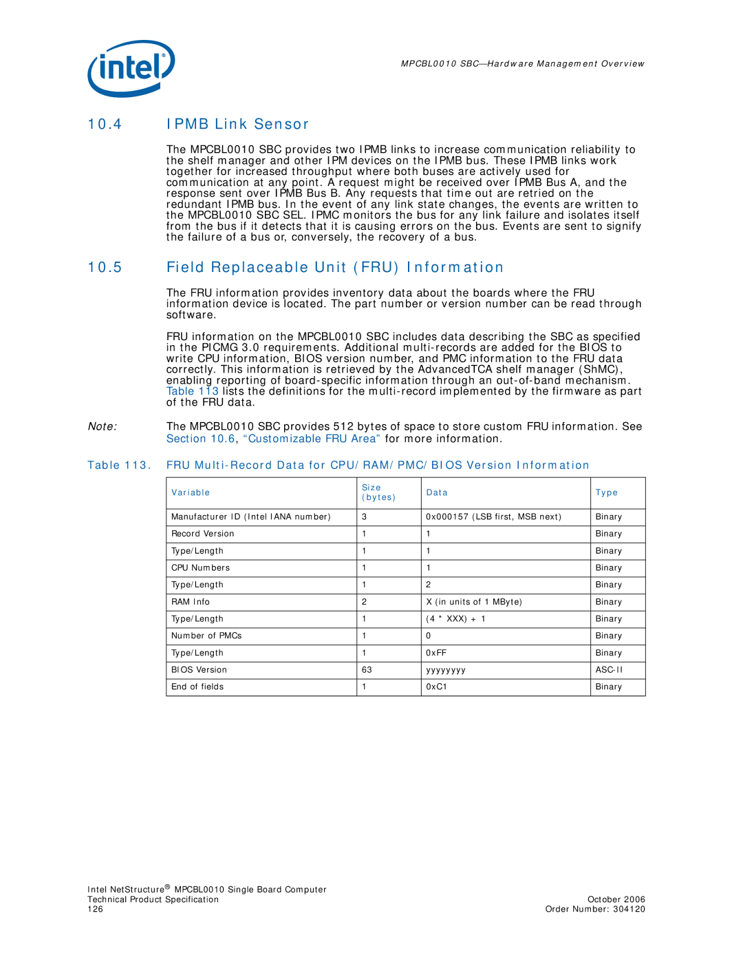 Intel Intel NetStructure Single Board Computer, MPCBL0010 Ipmb Link Sensor, Field Replaceable Unit FRU Information, Asc-Ii 