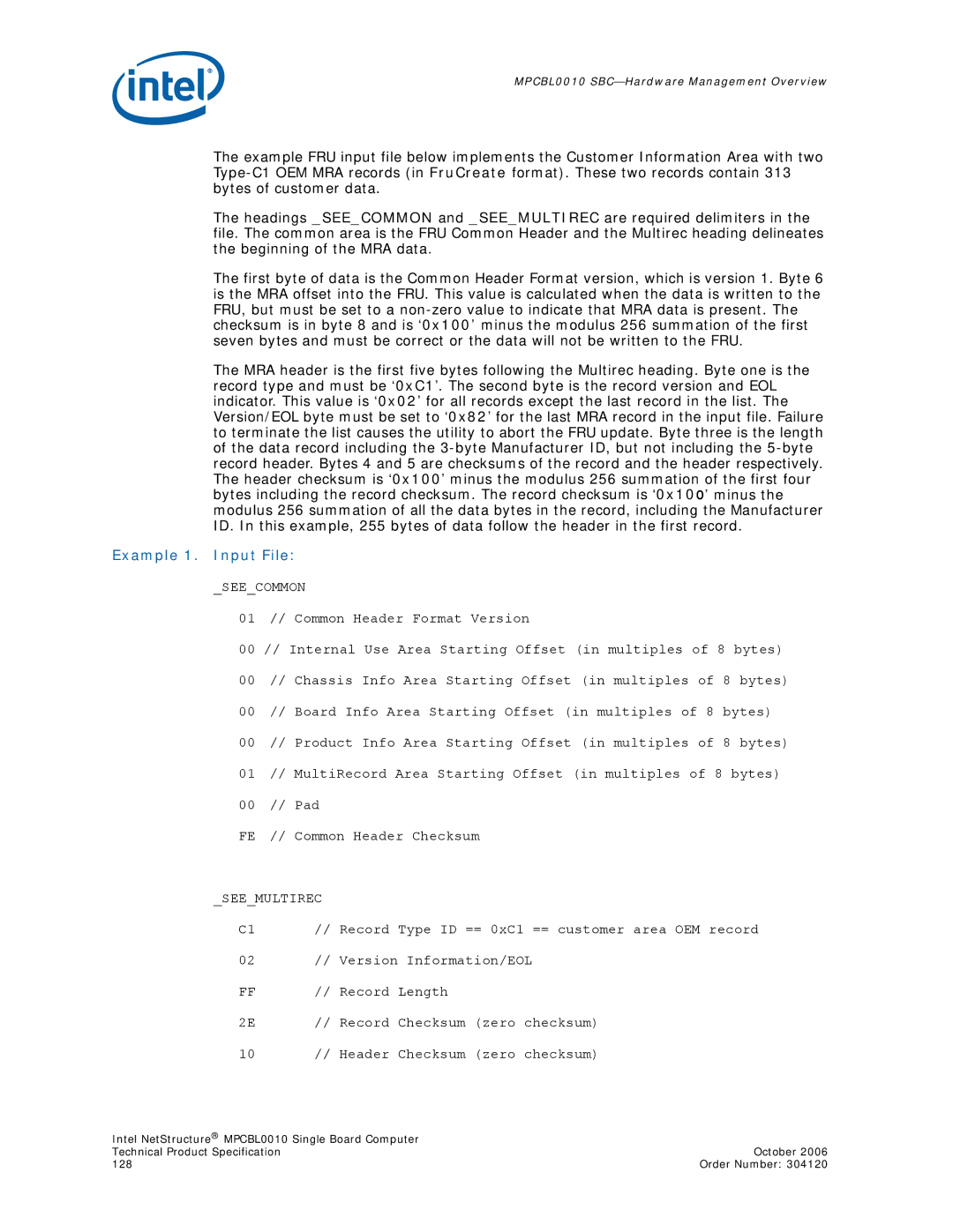 Intel Intel NetStructure Single Board Computer, MPCBL0010 manual Example 1. Input File, Seecommon 