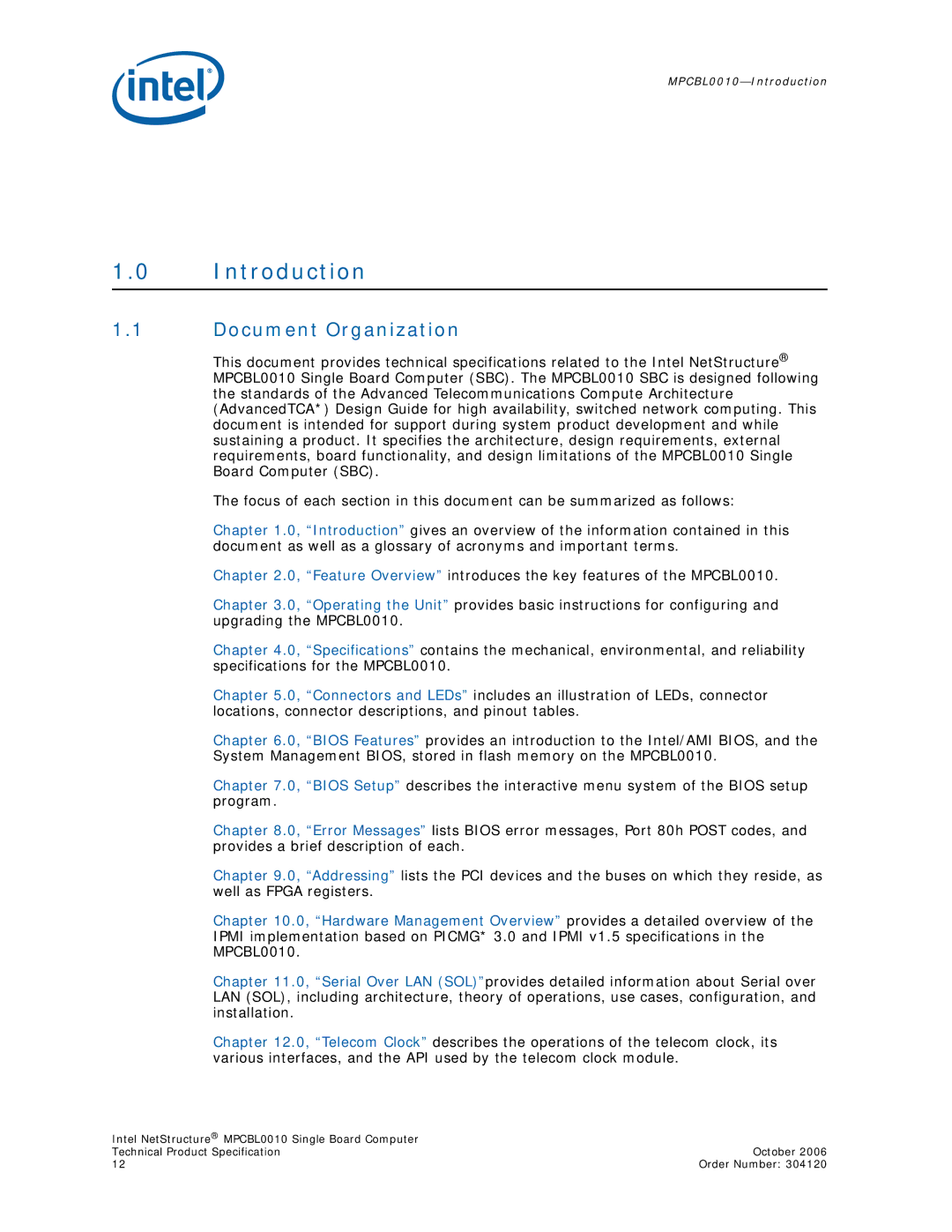 Intel Intel NetStructure Single Board Computer, MPCBL0010 manual Introduction, Document Organization 