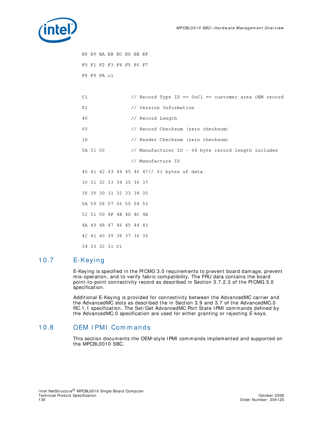 Intel Intel NetStructure Single Board Computer, MPCBL0010 manual Keying, OEM Ipmi Commands 