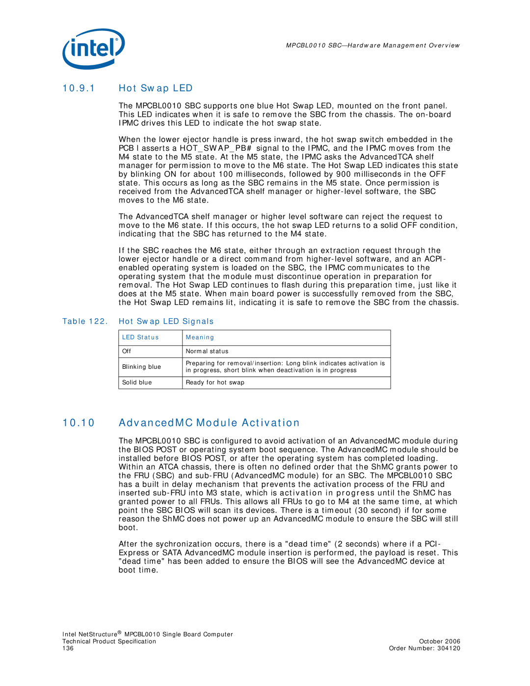 Intel Intel NetStructure Single Board Computer AdvancedMC Module Activation, Hot Swap LED Signals, LED Status Meaning 