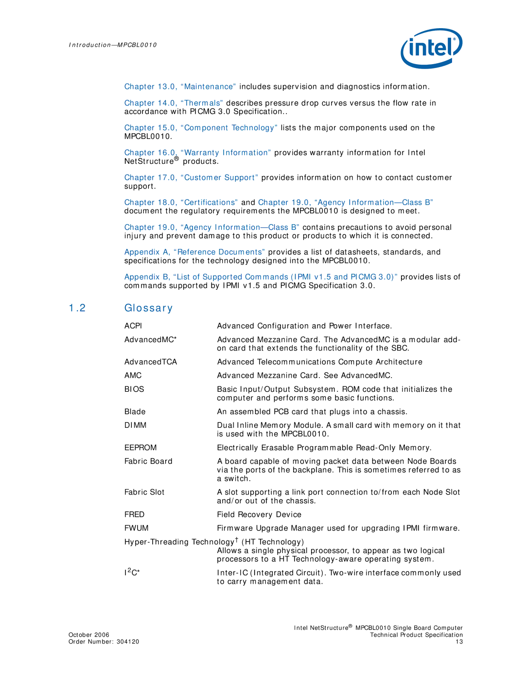 Intel MPCBL0010, Intel NetStructure Single Board Computer manual Glossary 