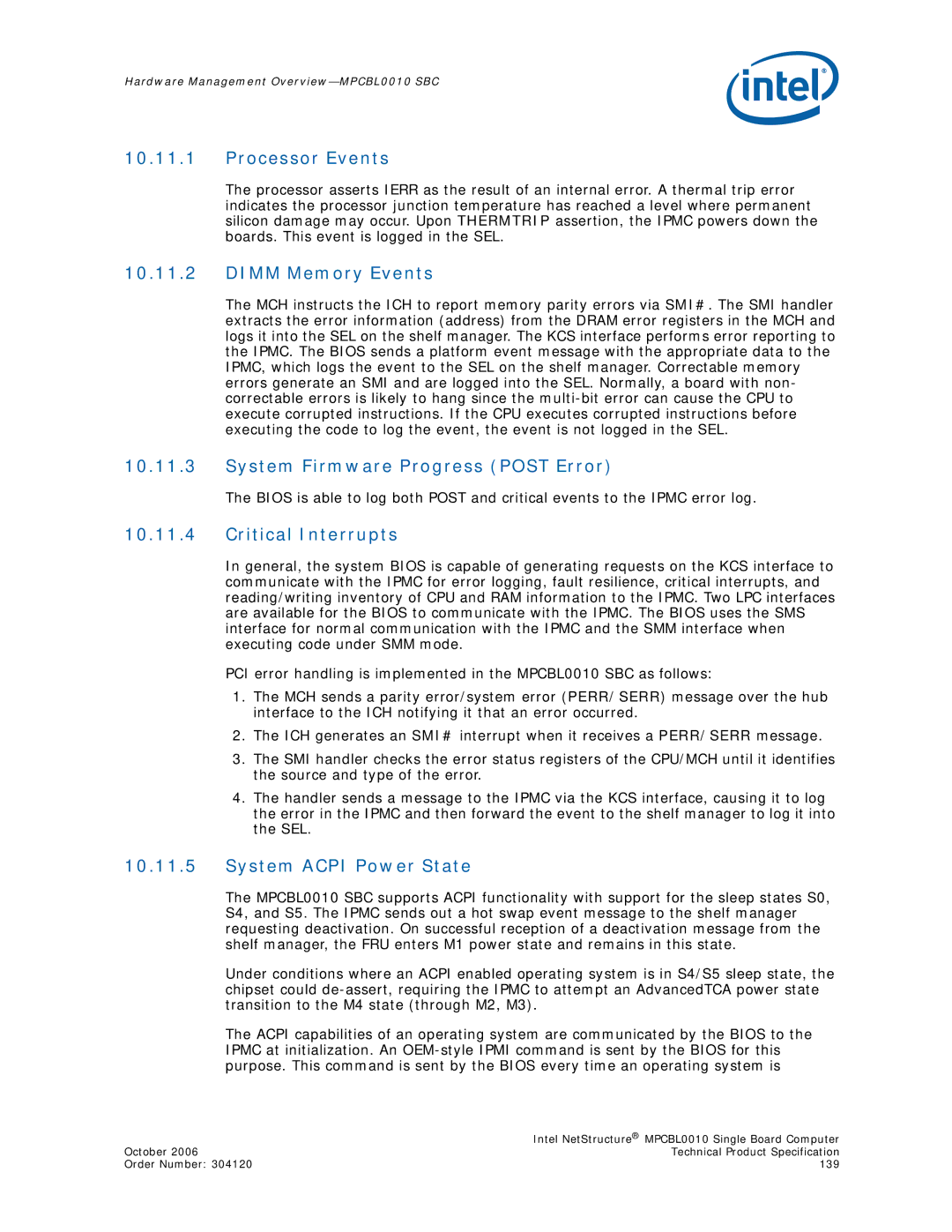 Intel MPCBL0010 manual Processor Events, Dimm Memory Events, System Firmware Progress Post Error, Critical Interrupts 