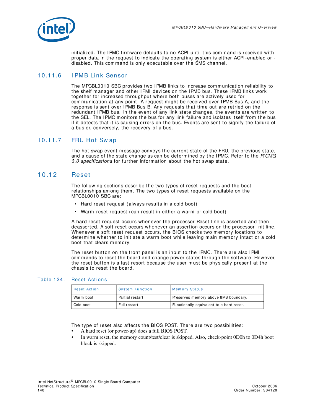 Intel Intel NetStructure Single Board Computer, MPCBL0010 manual Ipmb Link Sensor, FRU Hot Swap, Reset Actions 