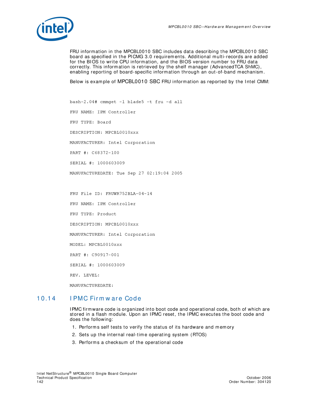 Intel Intel NetStructure Single Board Computer, MPCBL0010 manual Ipmc Firmware Code 