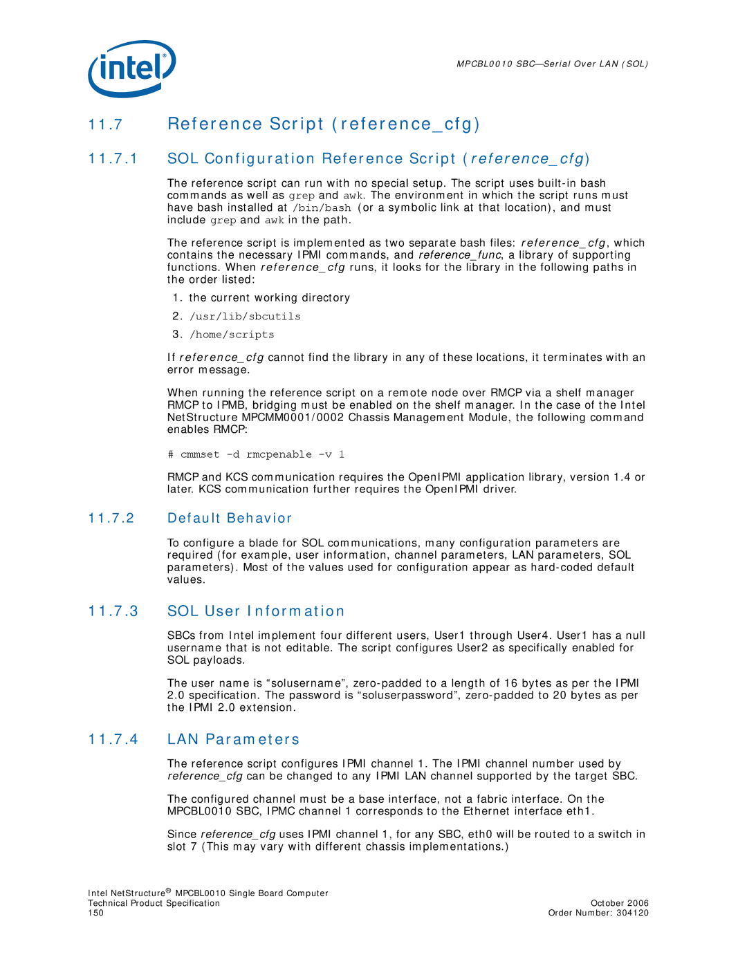 Intel Intel NetStructure Single Board Computer manual Reference Script referencecfg, SOL User Information, LAN Parameters 