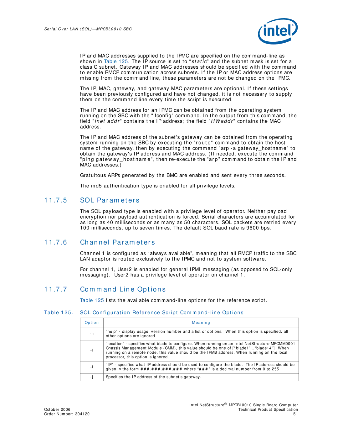 Intel MPCBL0010 manual SOL Parameters, Channel Parameters, Command Line Options, Option Meaning 