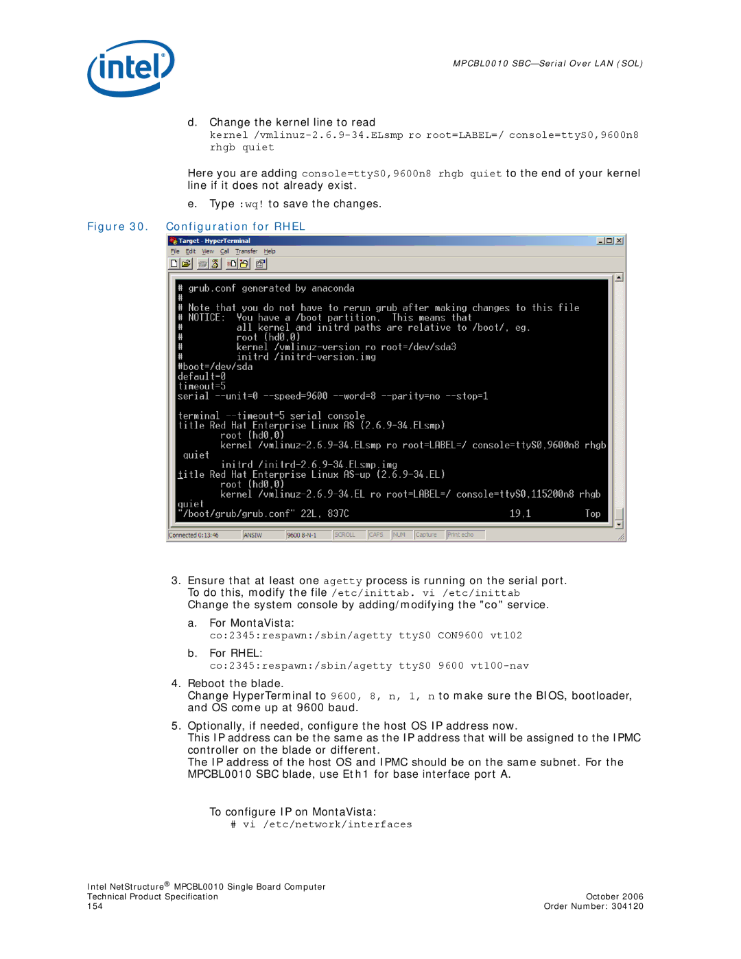 Intel Intel NetStructure Single Board Computer, MPCBL0010 manual Change the kernel line to read, For Rhel 