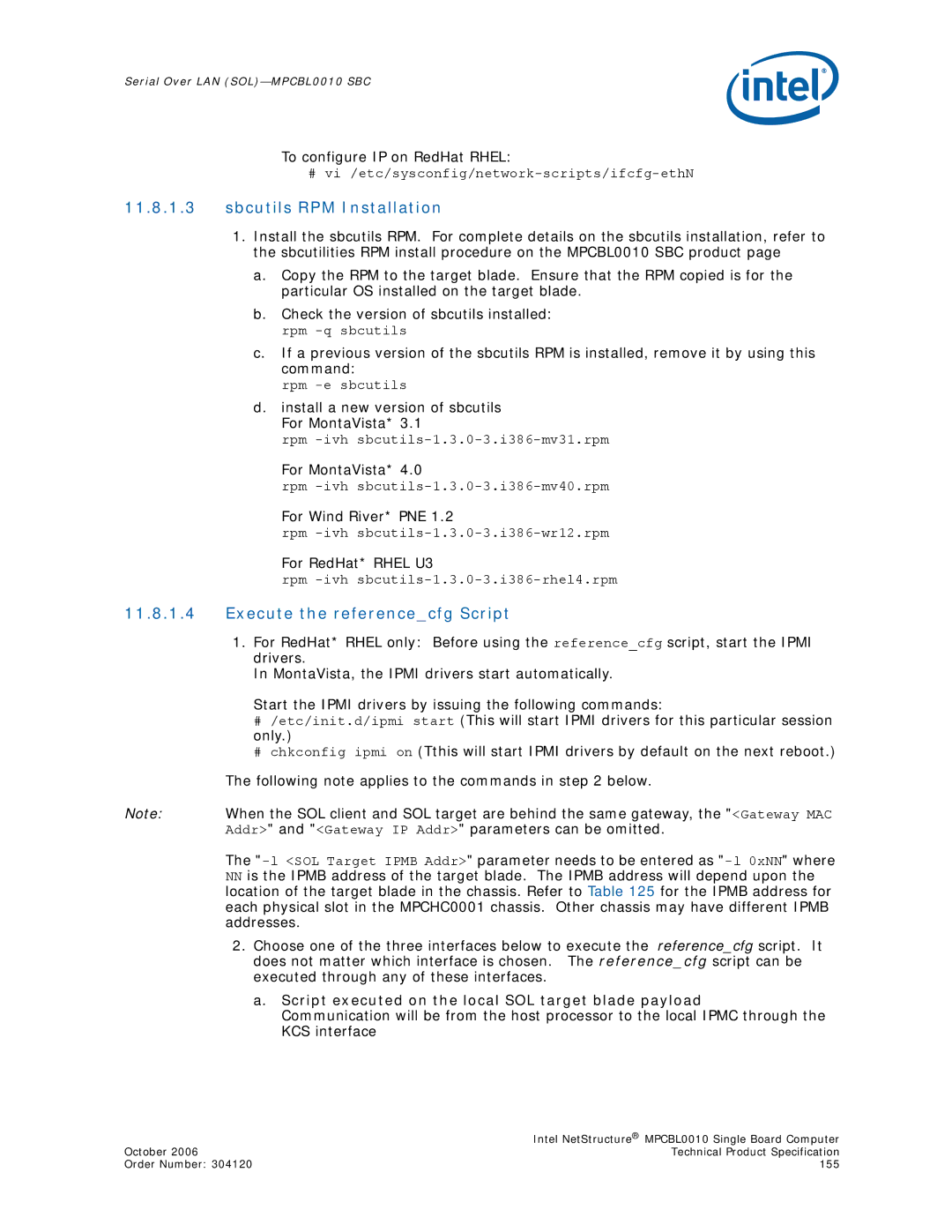 Intel MPCBL0010, Intel NetStructure Single Board Computer manual Sbcutils RPM Installation, Execute the referencecfg Script 