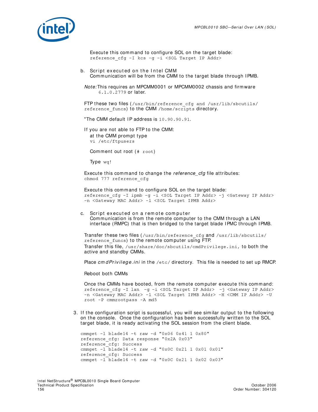 Intel Intel NetStructure Single Board Computer, MPCBL0010 manual Execute this command to configure SOL on the target blade 