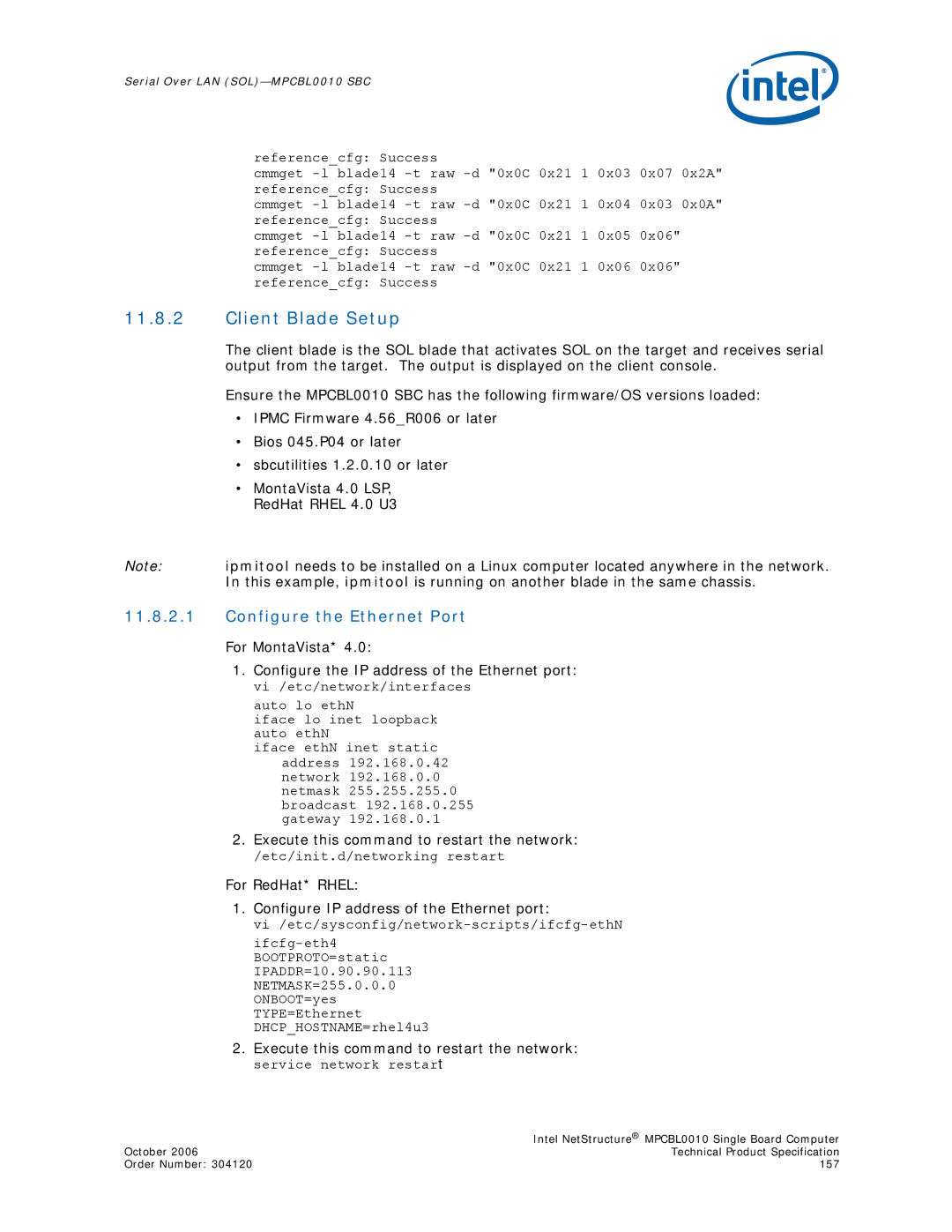 Intel MPCBL0010 manual Client Blade Setup, Configure the Ethernet Port, Execute this command to restart the network 