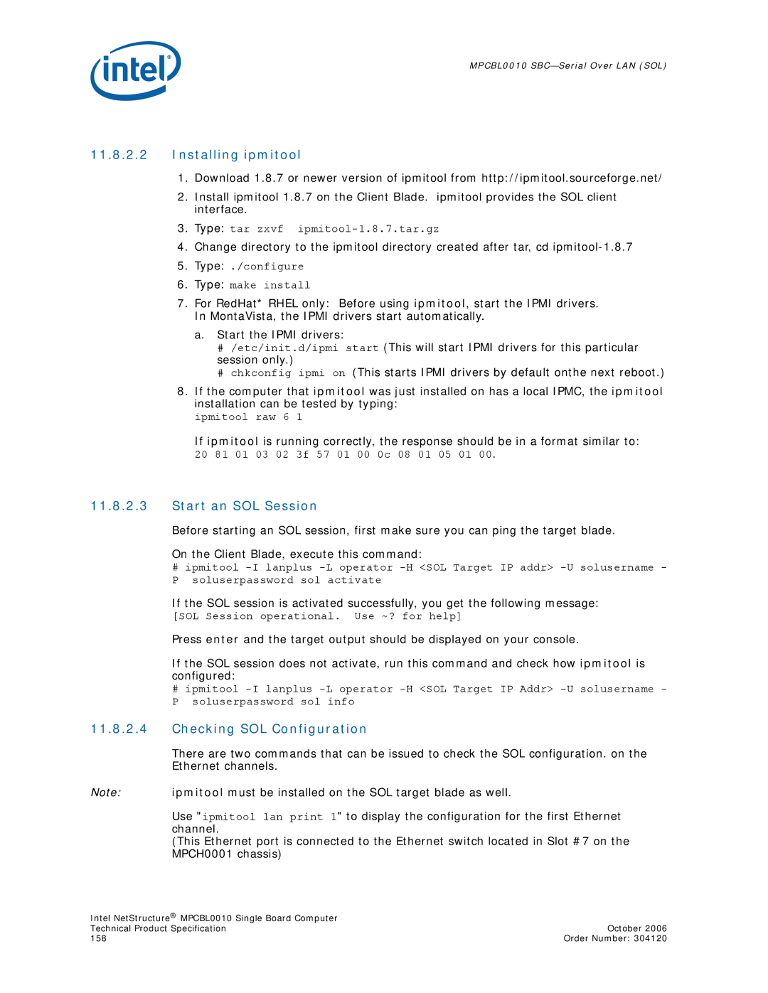 Intel Intel NetStructure Single Board Computer manual Installing ipmitool, Start an SOL Session, Checking SOL Configuration 