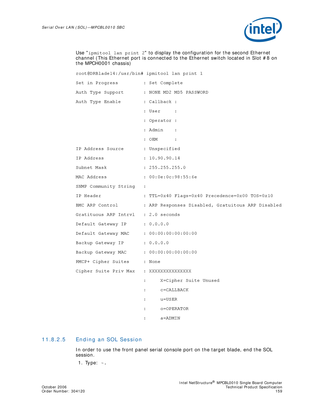 Intel MPCBL0010, Intel NetStructure Single Board Computer manual Ending an SOL Session, Oem 