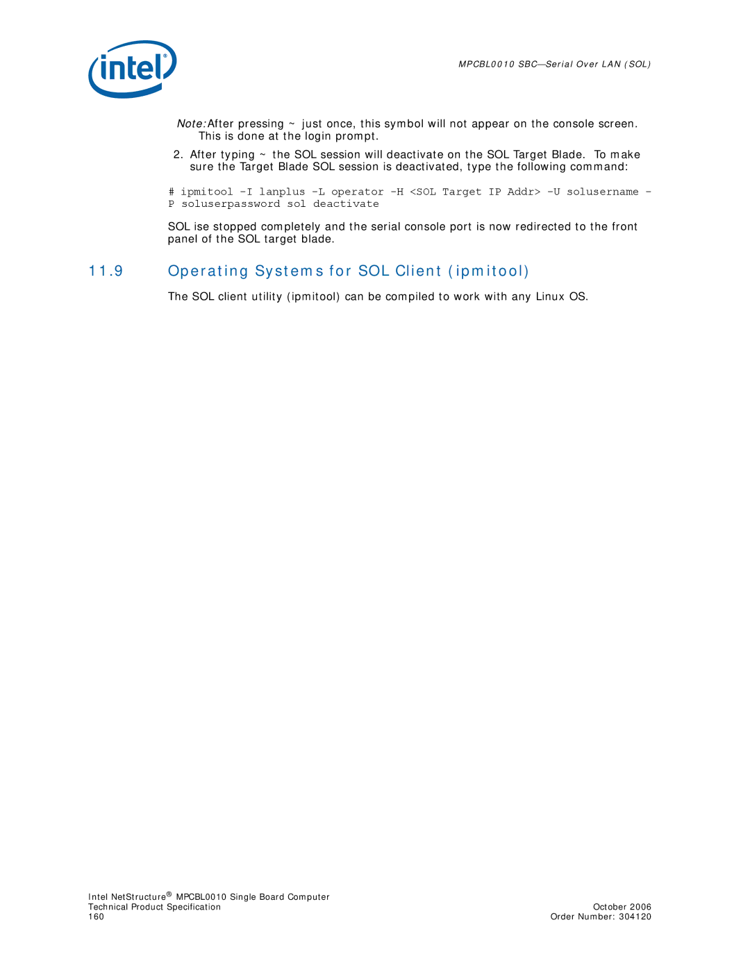 Intel Intel NetStructure Single Board Computer, MPCBL0010 manual Operating Systems for SOL Client ipmitool 