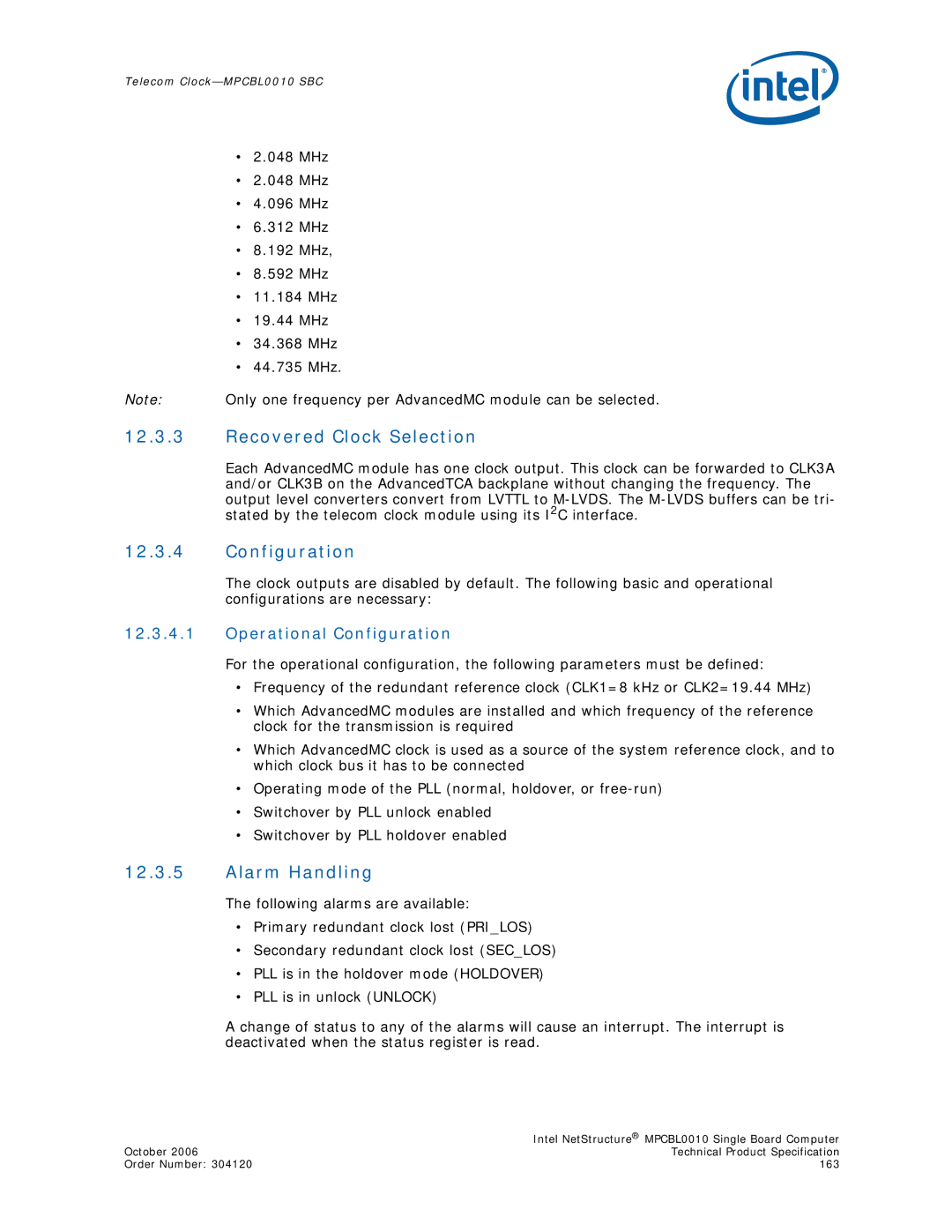 Intel MPCBL0010 manual Recovered Clock Selection, Alarm Handling, Operational Configuration 