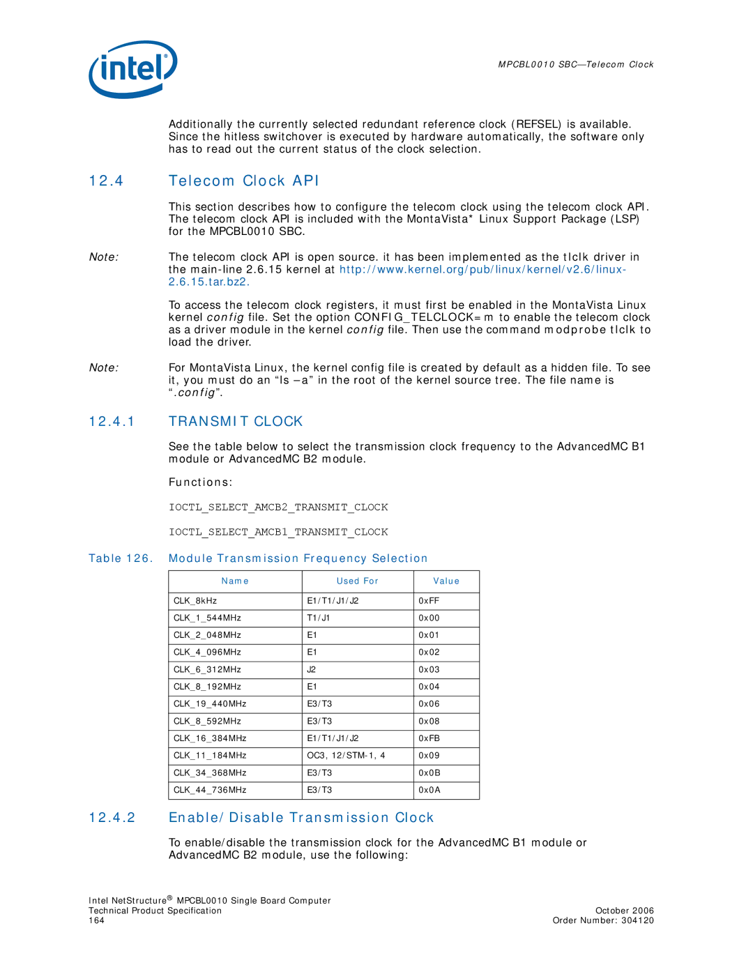 Intel Intel NetStructure Single Board Computer Telecom Clock API, Enable/Disable Transmission Clock, Name Used For Value 