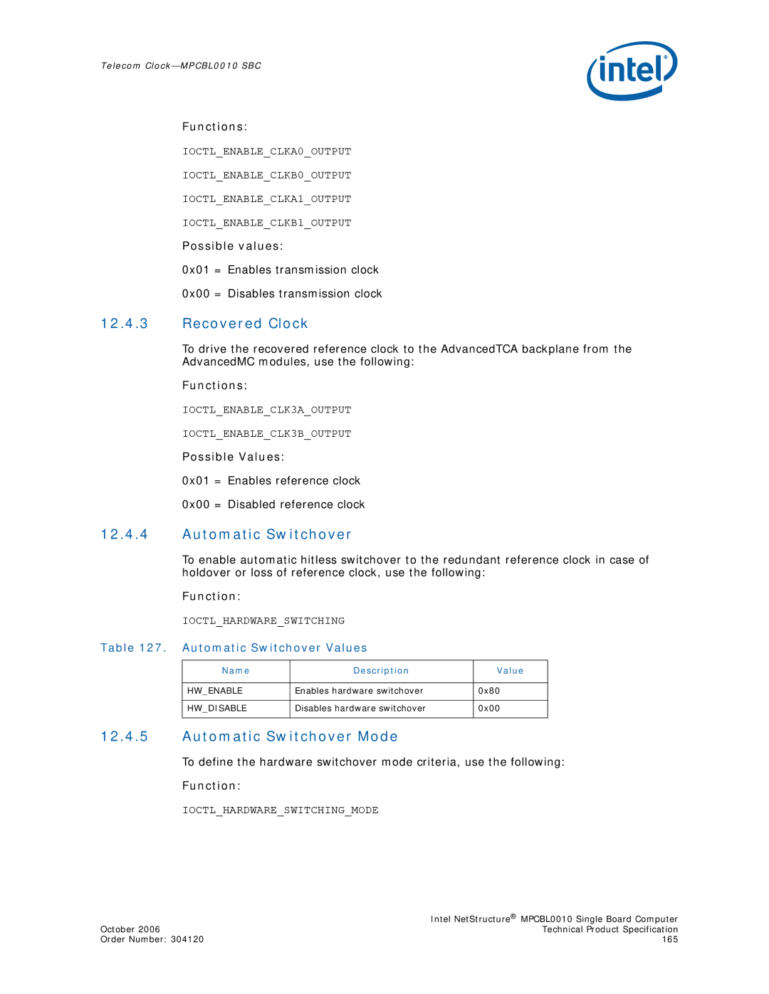 Intel MPCBL0010 manual Recovered Clock, Automatic Switchover Mode, Automatic Switchover Values, Name Description Value 