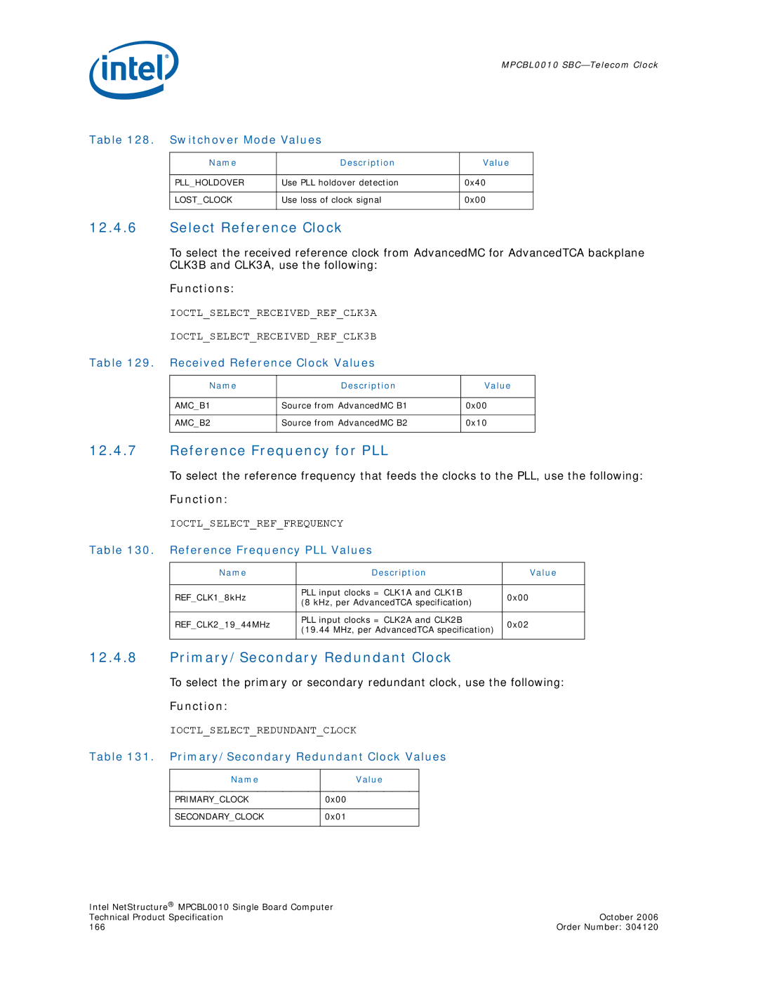 Intel Intel NetStructure Single Board Computer, MPCBL0010 manual Select Reference Clock, Reference Frequency for PLL 