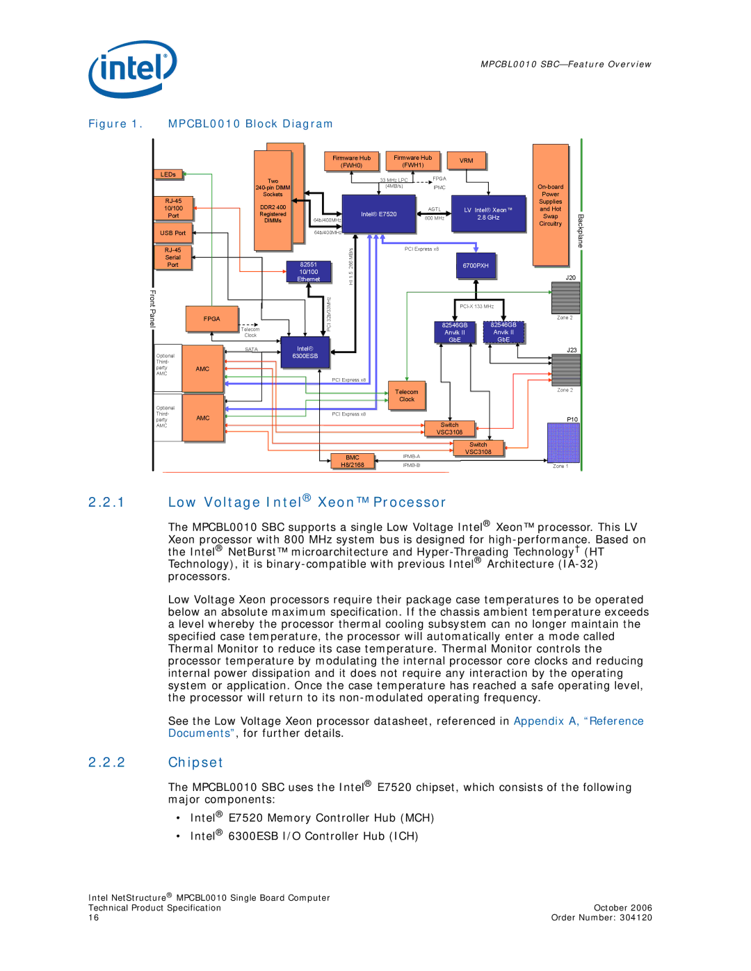 Intel Intel NetStructure Single Board Computer, MPCBL0010 manual Low Voltage Intel Xeon Processor, Chipset 