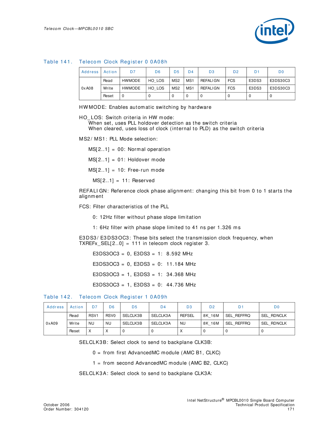 Intel MPCBL0010, Intel NetStructure Single Board Computer manual October Technical Product Specification Order Number 171 