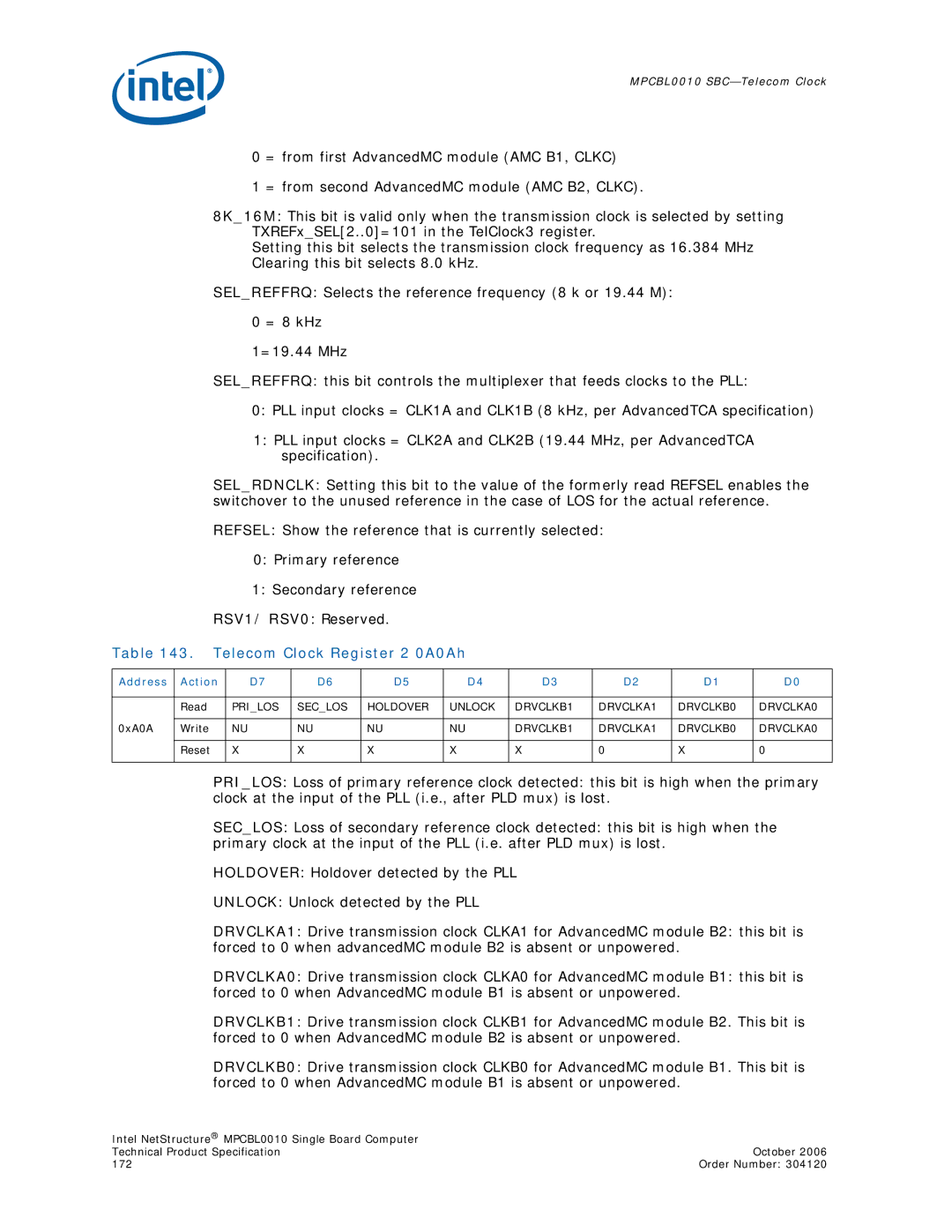 Intel Intel NetStructure Single Board Computer manual Telecom Clock Register 2 0A0Ah, DRVCLKB1 DRVCLKA1 DRVCLKB0 DRVCLKA0 