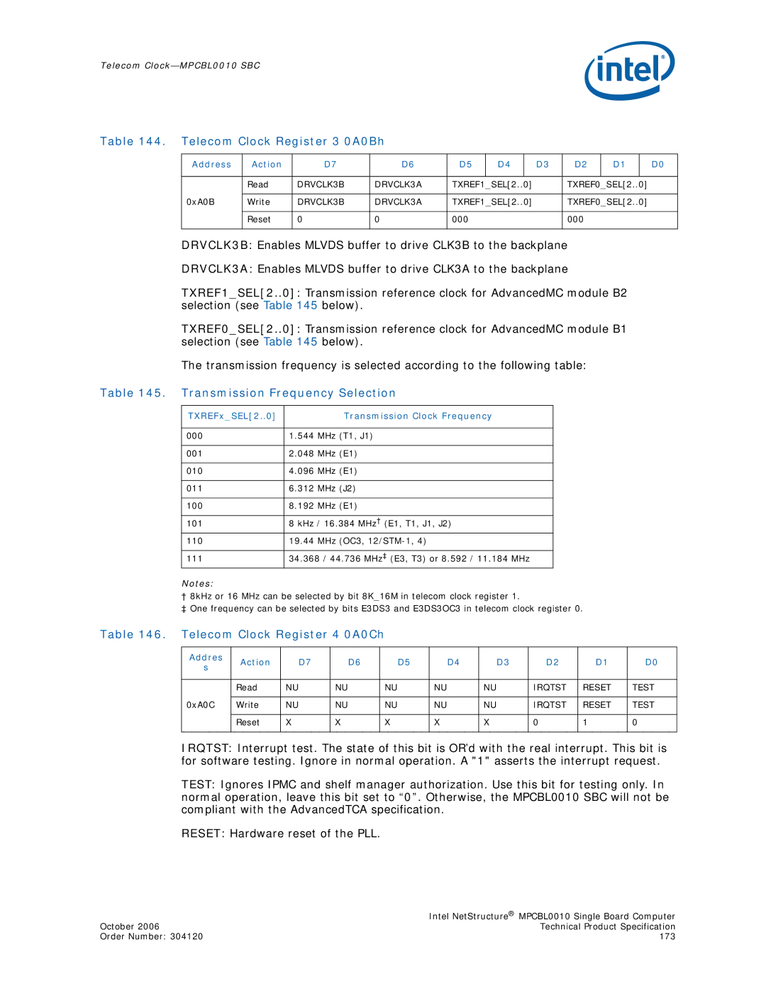 Intel MPCBL0010, Intel NetStructure Single Board Computer manual Telecom Clock Register 3 0A0Bh, Addres Action 