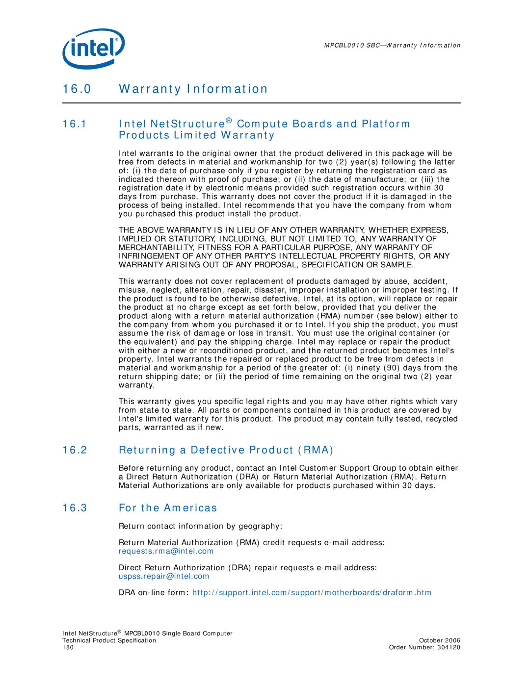 Intel Intel NetStructure Single Board Computer Warranty Information, Returning a Defective Product RMA, For the Americas 