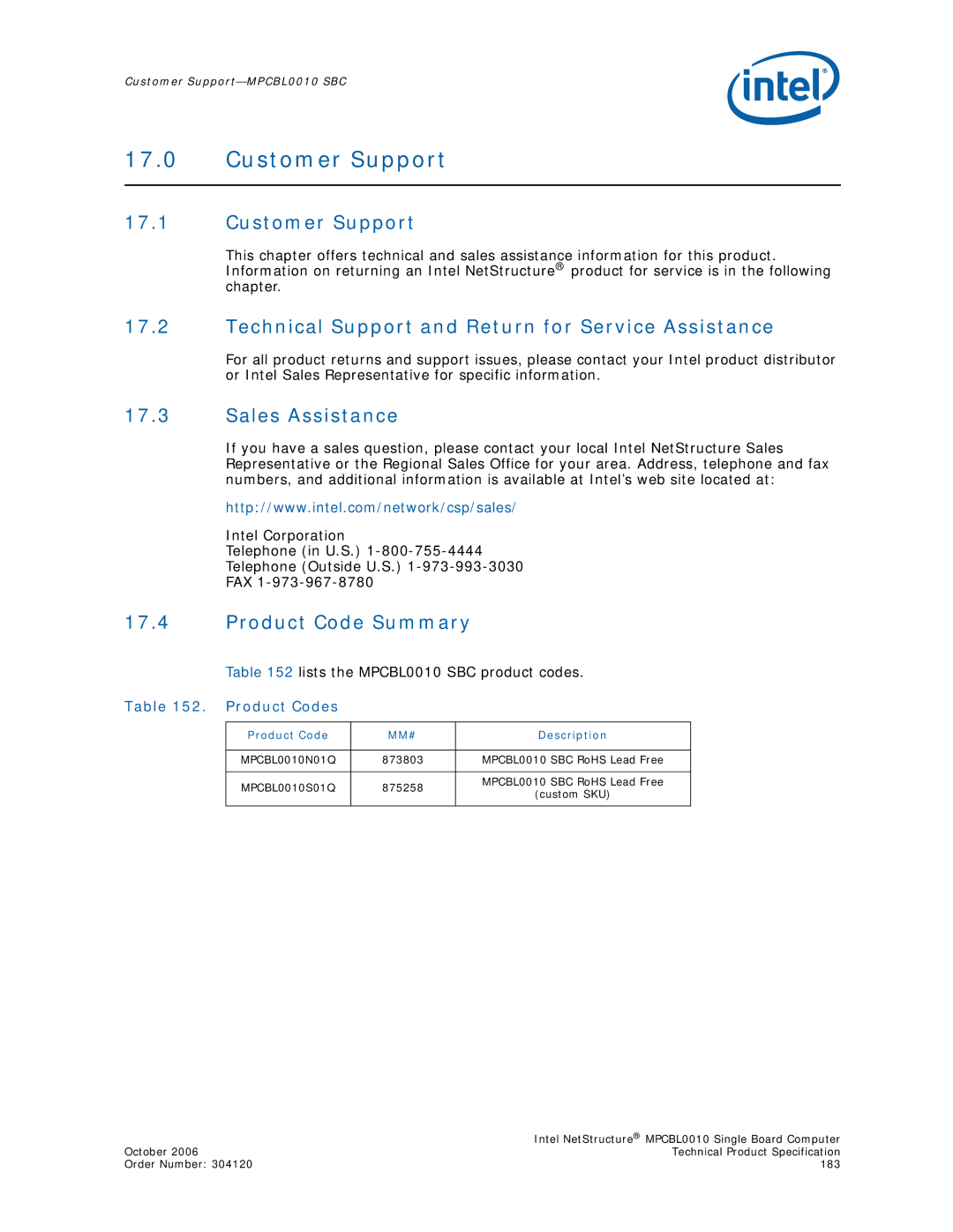 Intel MPCBL0010 manual Customer Support, Technical Support and Return for Service Assistance, Sales Assistance 