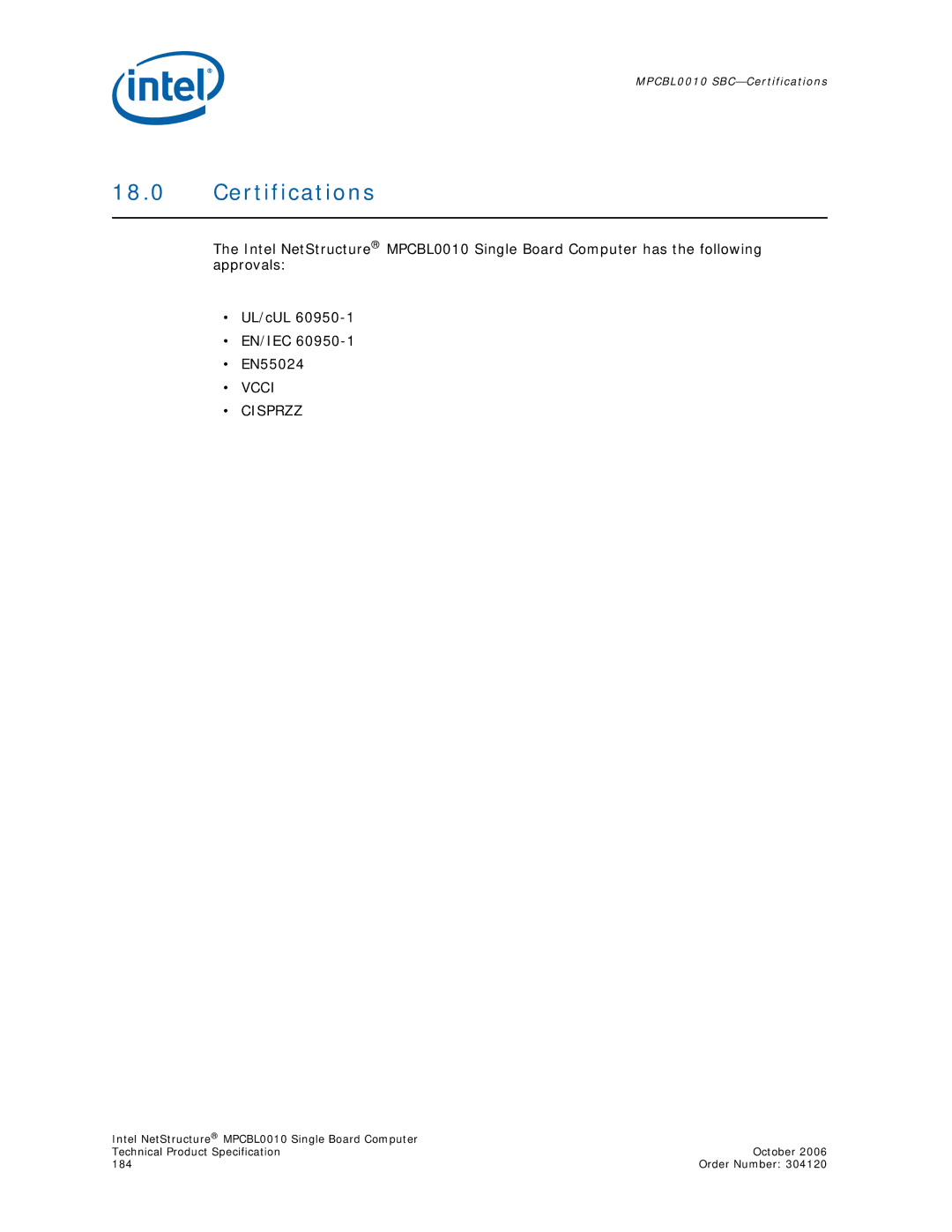 Intel Intel NetStructure Single Board Computer, MPCBL0010 manual Certifications, Vcci Cisprzz 