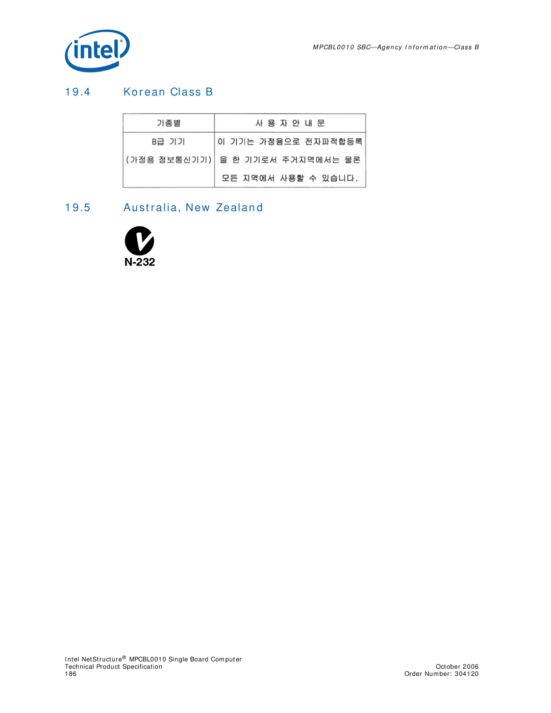 Intel Intel NetStructure Single Board Computer, MPCBL0010 manual Korean Class B Australia, New Zealand 