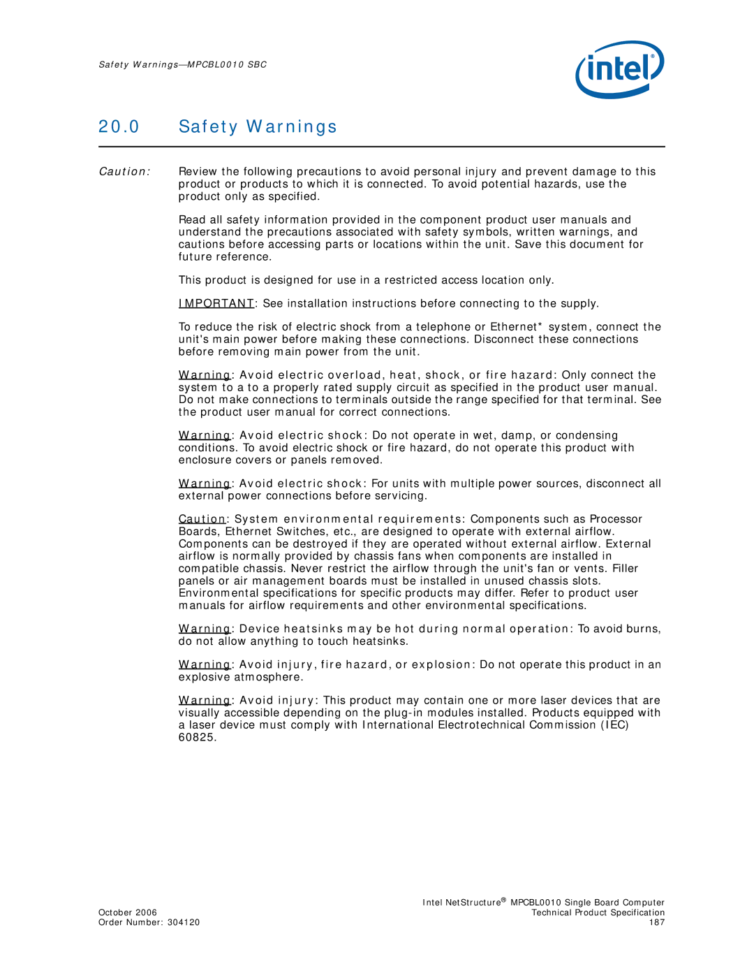 Intel MPCBL0010, Intel NetStructure Single Board Computer manual Safety Warnings 