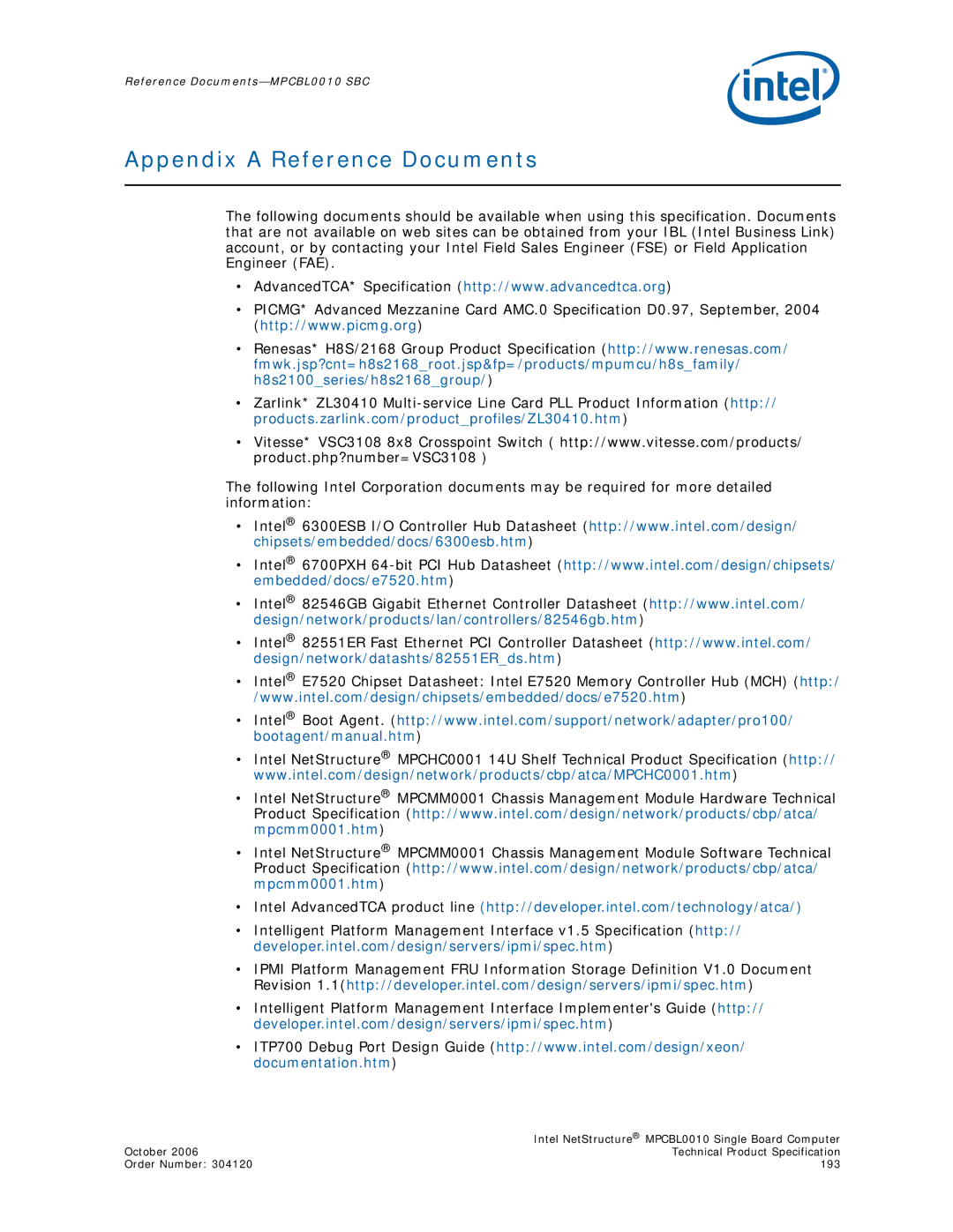 Intel MPCBL0010, Intel NetStructure Single Board Computer manual Appendix a Reference Documents 