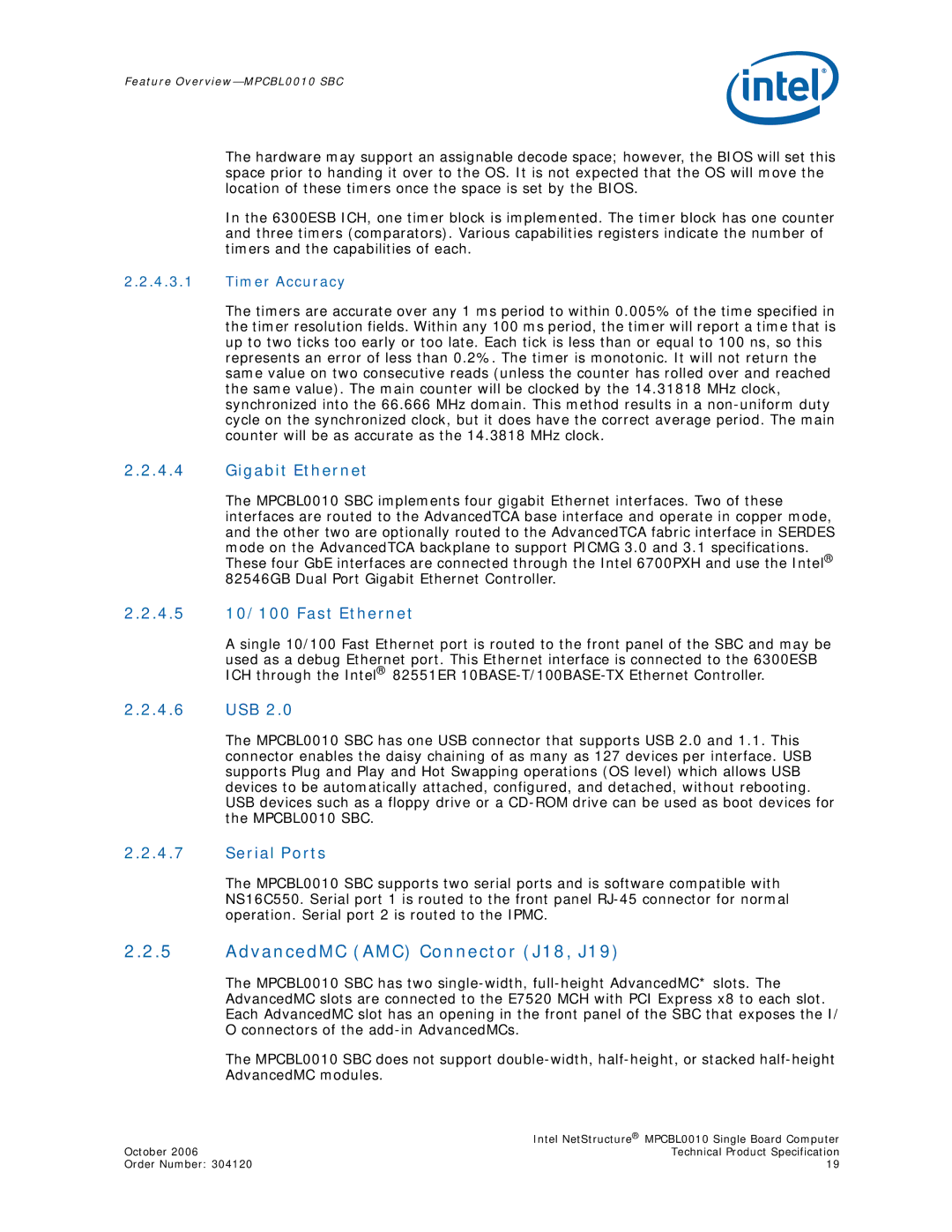 Intel MPCBL0010 manual AdvancedMC AMC Connector J18, J19, Gigabit Ethernet, 4.5 10/100 Fast Ethernet, 4.6 USB, Serial Ports 
