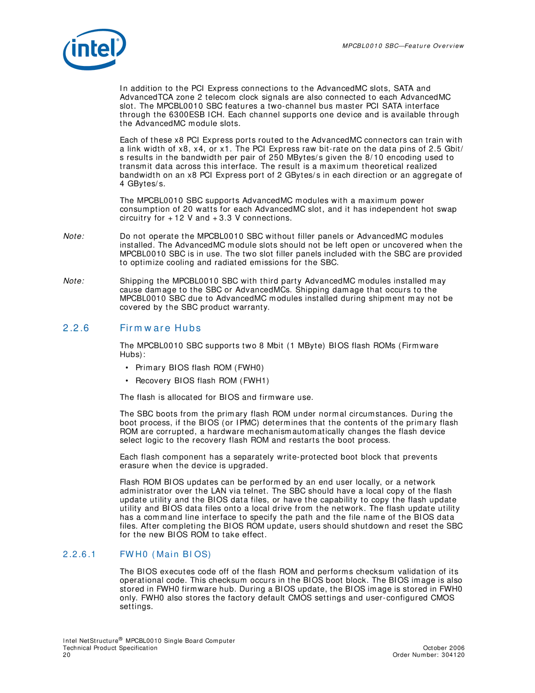 Intel Intel NetStructure Single Board Computer, MPCBL0010 manual Firmware Hubs, 6.1 FWH0 Main Bios 