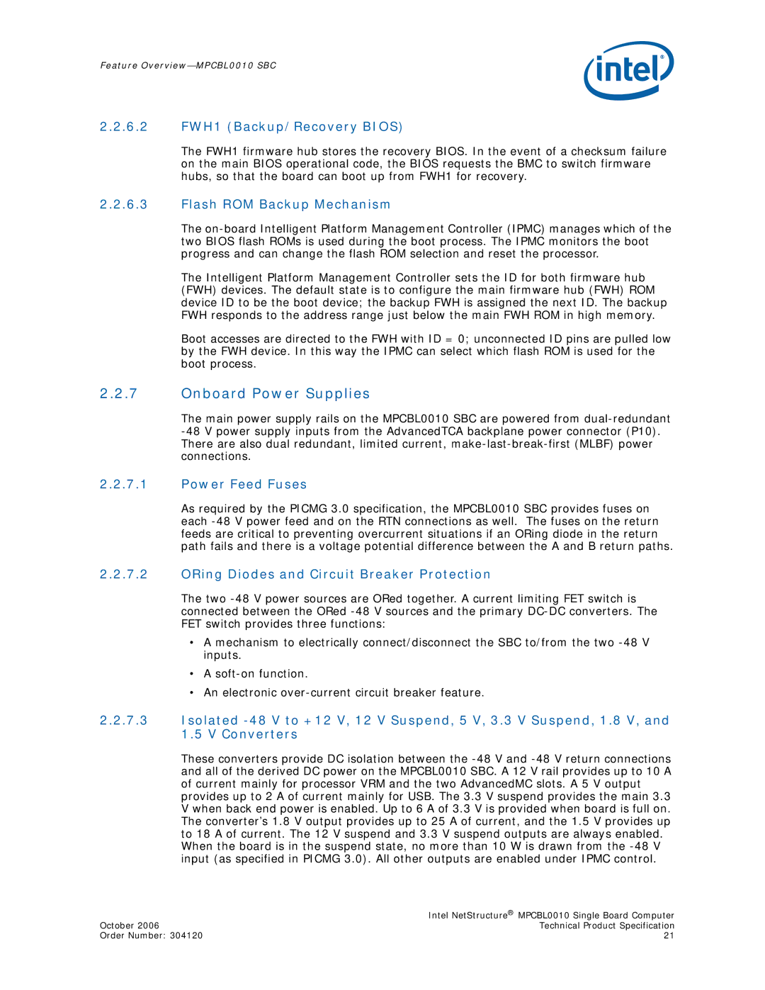 Intel MPCBL0010 manual Onboard Power Supplies, 6.2 FWH1 Backup/Recovery Bios, Flash ROM Backup Mechanism, Power Feed Fuses 