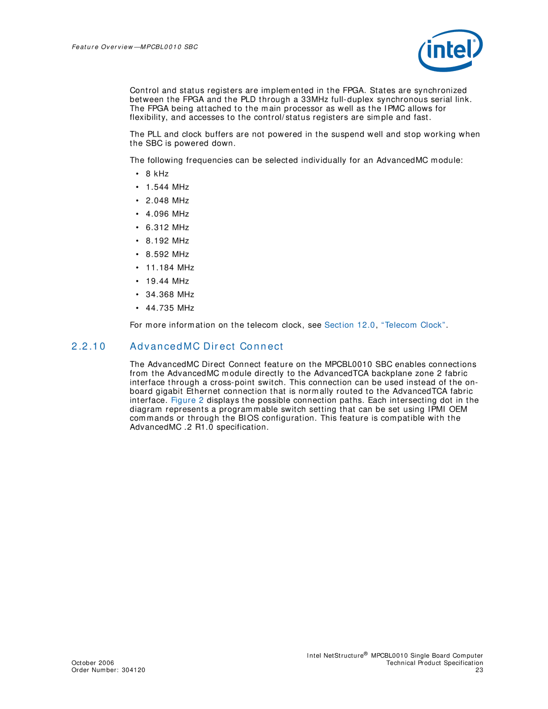 Intel MPCBL0010, Intel NetStructure Single Board Computer manual AdvancedMC Direct Connect 