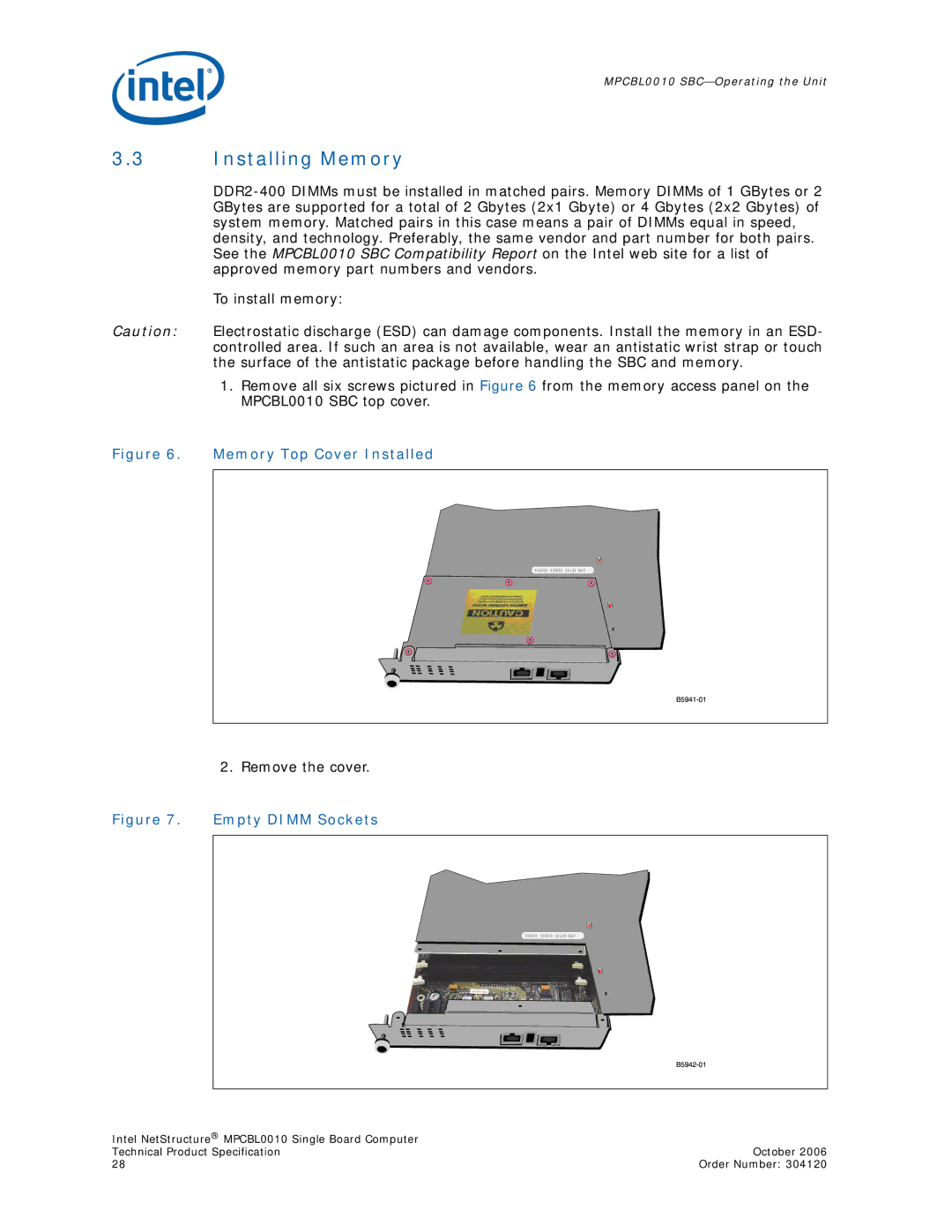 Intel Intel NetStructure Single Board Computer, MPCBL0010 manual Installing Memory, Remove the cover 